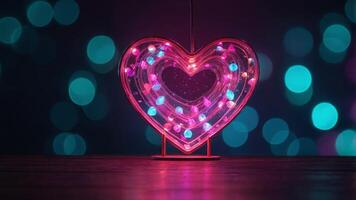 Vibrant neon background with soft heart shaped bokeh St Valentines backdrop with empty table or board on it. photo