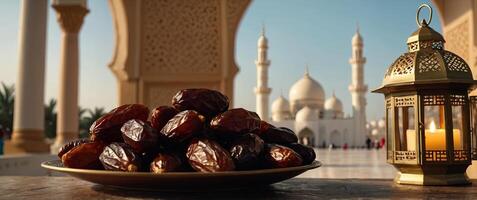 a lantern with a bowl of dates at the eid festival with a masjid at background. photo