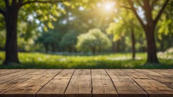 Wooden table spring nature bokeh background, empty wood desk product display mockup with green park sunny blurry abstract garden backdrop landscape ads showcase presentation Mock up, copy space. photo