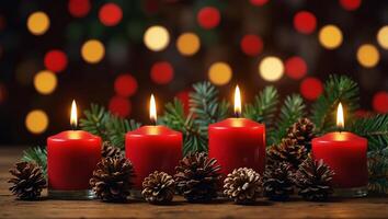 christmas decoration background, red lighted candles with pine cones and xmas ornament on wooden table on shiny warm celebration background, with copy space. photo
