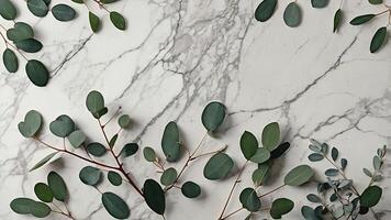 Watercolor eucalyptus branches on marble stone table top view Floral composition Flat lay, top view, copy space. photo
