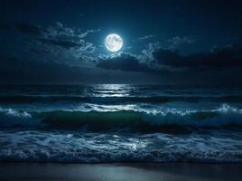 mesmerizing seascape night fantasy, beauty of waves illuminated by the light of a full moon, magical and serene ambiance of the scene with a touch of fantasy. photo