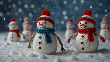 little knitted snowmans on soft snow on blue background. photo