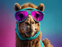 cool camel wearing sunglasses on colorful background illuminated by cyan and magenta light color. photo