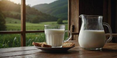 world milk day with a glass of milk and jug of milk is holding on a table behind it a pleasant view of nature. photo