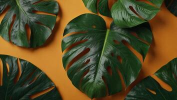 tropical background top view green monstera leaves on color background, summer template with copy space for text. photo
