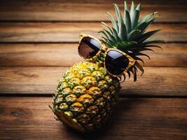 pineapple with sunglasses on wood,concept summer background. photo