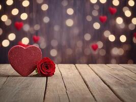 valentine s day themed background with empty pastel color wooden table for product display bokeh lights copy space and hearts in the background. photo