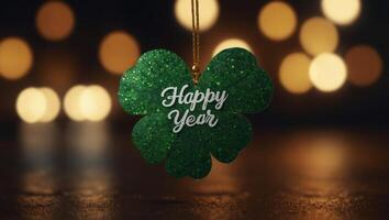 happy new year banner with four-leaf clover as a lucky charm on blurred background. photo