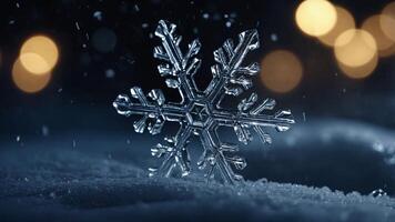 snowflake ice crystal shape blurry lights and snow falling on a cold winter night. photo
