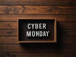 cyber monday word written on lightbox on brown wooden background Flat lay, top view. photo
