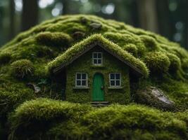 green macro house with moss texture on moss surface. photo