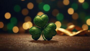happy new year banner with four-leaf clover as a lucky charm on blurred background. photo