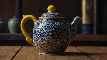 An old fashioned ceramic teapot with a yellow handle placed on a wooden table. photo