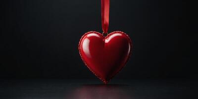 A bright red heart with a red ribbon on a black background with an empty space, banner. photo