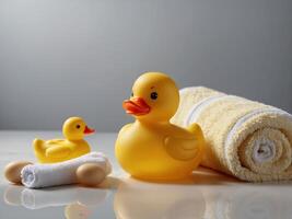 Baby shampoo bottle with yellow rubber duck and towel on white table Newborn baby bathing shampoo or shower gel packaging design. photo