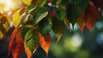 Creative layout with bright leaves on a vibrant background, perfect for natureinspired design or ecofriendly themes. photo