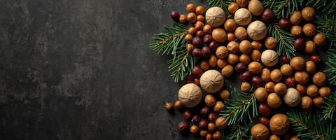 Christmas tree of different beans, chickpeas and almonds on a gray rustic background The concept of holiday and vegetarian food Top view, flat lay, copy space. photo