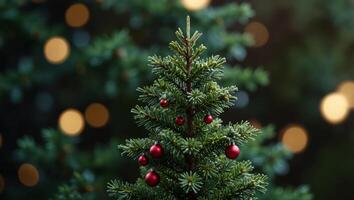 Christmas tree pine on blurred green backdrop Christmas and New Year holiday background Bokeh light banner with copy space. photo