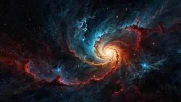 Celestial Brushstrokes, An abstract cosmic panorama depicting a swirling nebula with a vivid fusion of reds, blues, and whites, evoking the infinite beauty of the universe. photo