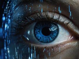 Blur is a concept that represents the future of technology in the field of cyber security with a background of blue eye and an abstract representation of high speed digital internet It show. photo