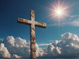 Christian cross appeared bright in the sky with soft fluffy clouds, white, beautiful colors With the light shining as hope, love and freedom in the sky background. photo