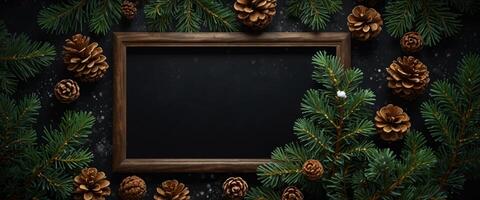 Christmas and New Year Typographical on dark holiday background with frame of Fir branches, pine cones, snowflakes Xmas and Happy New Year theme, snow Flat lay, top view. photo