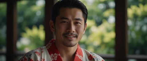 Japanese man in kimono with his hands on his hips smiling. photo