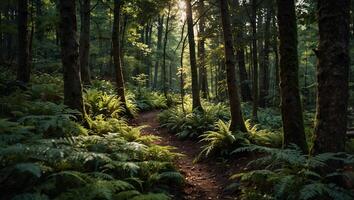 High-angle shot of a pristine, dense woodland, showcasing the untouched beauty of nature's bounty. photo