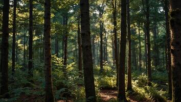 High-angle shot of a pristine, dense woodland, showcasing the untouched beauty of nature's bounty. photo