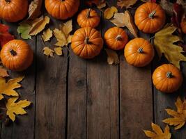 Happy Thanksgiving day concept Autumn composition with ripe orange pumpkins, fallen leaves on rustic wooden table Flat lay, top view, copy space. photo