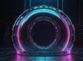 In a futuristic glowing modern illustration, a circular barrier to block UV radiation is shown The template can be used for a beauty product, bubble shield effect can be seen in the image. photo