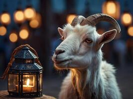 Islamic Festival Background with Goat Qurban Eid al-Adha Mubarak, Featuring Bokeh Lights and Lantern, Eid Mubarak. photo