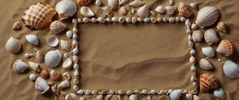 Frame made of seashells on sand color background Summer, vacation concept Flat lay, top view, overhead. photo