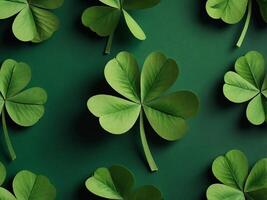 Four-leaf clover on green background for St Patricks Day Paper art and craft style. photo