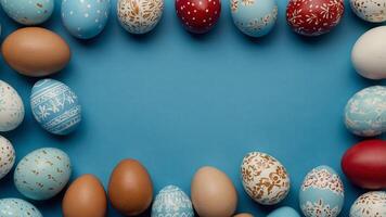 Frame of Easter eggs on a blue background Top view, vertical. photo