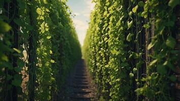 Green vines intertwining with circuit paths, eyelevel, softfocus, symbolizing ecofriendly IT. photo