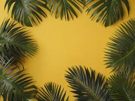 Frame of tropical palm leaves on yellow background Summer concept Flat lay, top view, copy space. photo