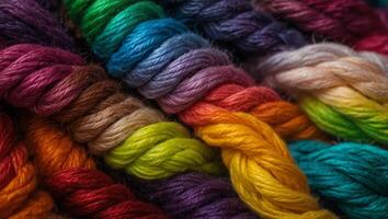 Multicolored twisted wool yarn texture background, macro view of yarn roll, colorful banner. photo