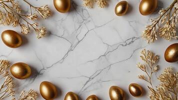 Happy Easter concept Frame of luxury Easter eggs and golden branches on white marble background Flat lay, top view, copy space. photo