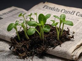 Macro shot of Some Small sprout plants growing from the newspaper, concept of recycle and eco friendly newspaper with copy space, regrow. photo