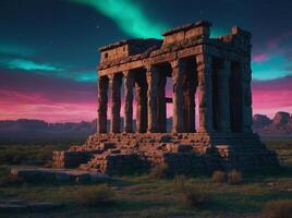 Holographic technology presenting wildlife safari and ancient ruins in an eco friendly city under a neon lit sky. photo