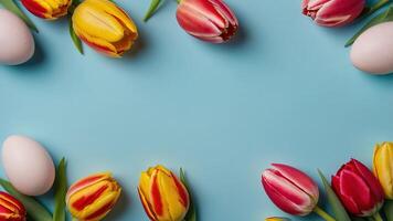 Happy Easter concept Colorful Easter eggs with tulips on light blue background Flat lay, top view, copy space. photo
