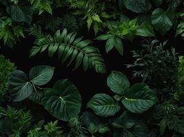 Lush green leaves bordering a black background - A creatively designed border of mixed green leaves on a dark surface implies life, freshness, and natural beauty. photo