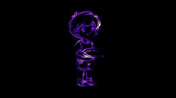 Glowing looping world food day child holding an empty plate. neon frame effect, black background. video