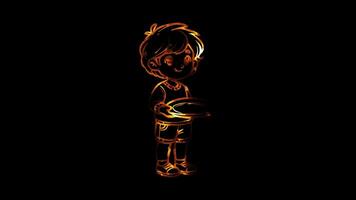 Glowing looping world food day child holding an empty plate. neon frame effect, black background. video