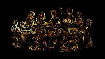 Glowing looping world food day theme ending hunger. neon frame effect, black background. video