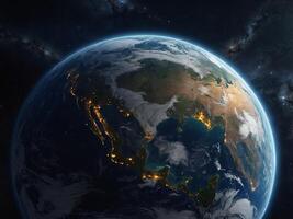 Planet Earth on starry space background, day and night transition. photo