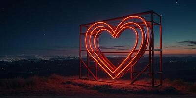 Large neon sign in the shape of a heart Glowing symbol of love Neon heart on night landscape. photo