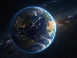 Planet Earth on starry space background, day and night transition. photo